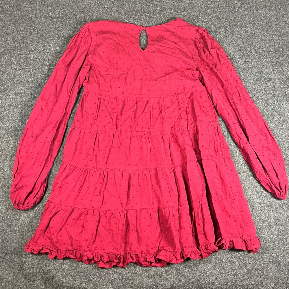 Mi Ami Burgundy Clip Dot Tiered Mini Dress Long Sleeve V-Neck Boho Wine Sz S - Picture 7 of 11